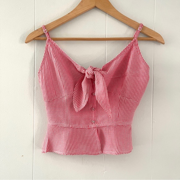 Japna Tops - Red Gingham Pullover Button Front Halter Tie Tank Top Japna Jr Size XS Ruffle
